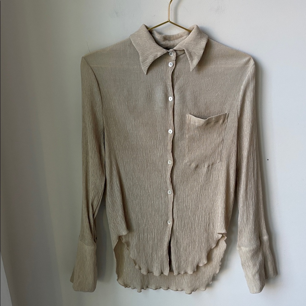 Nanushka Crepe Button Up Shirt with Shell Buttons Lettuce Hem Beige/Tan Size M
